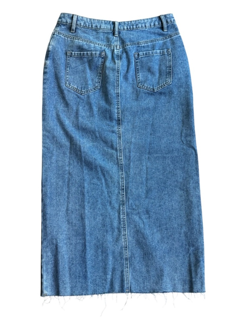 HAPPILY GREY Denim Front Slit Midi Skirt Raw Hem Asymmetrical Waistband 7/27 - Picture 4 of 11